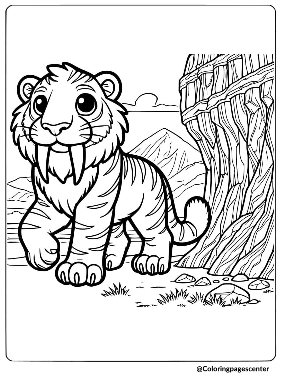 Saber tooth tiger near a cliffside in the wilderness coloring page