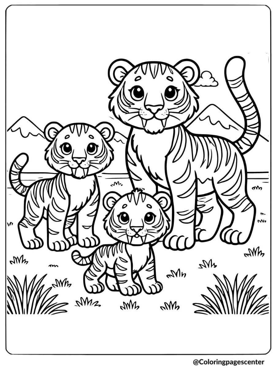 Saber tooth tiger family together in a scenic area coloring page