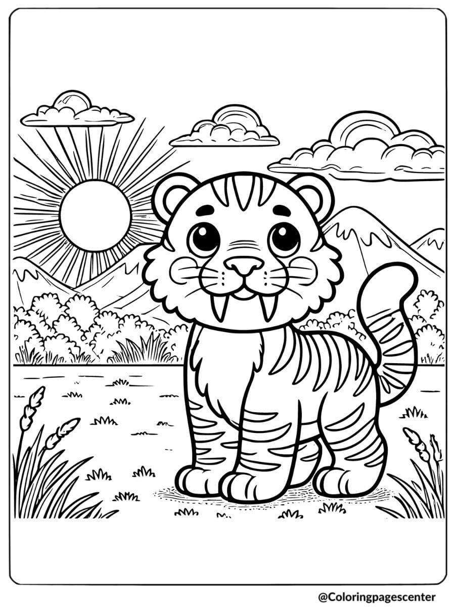 Happy saber tooth tiger standing in a sunlit field coloring page