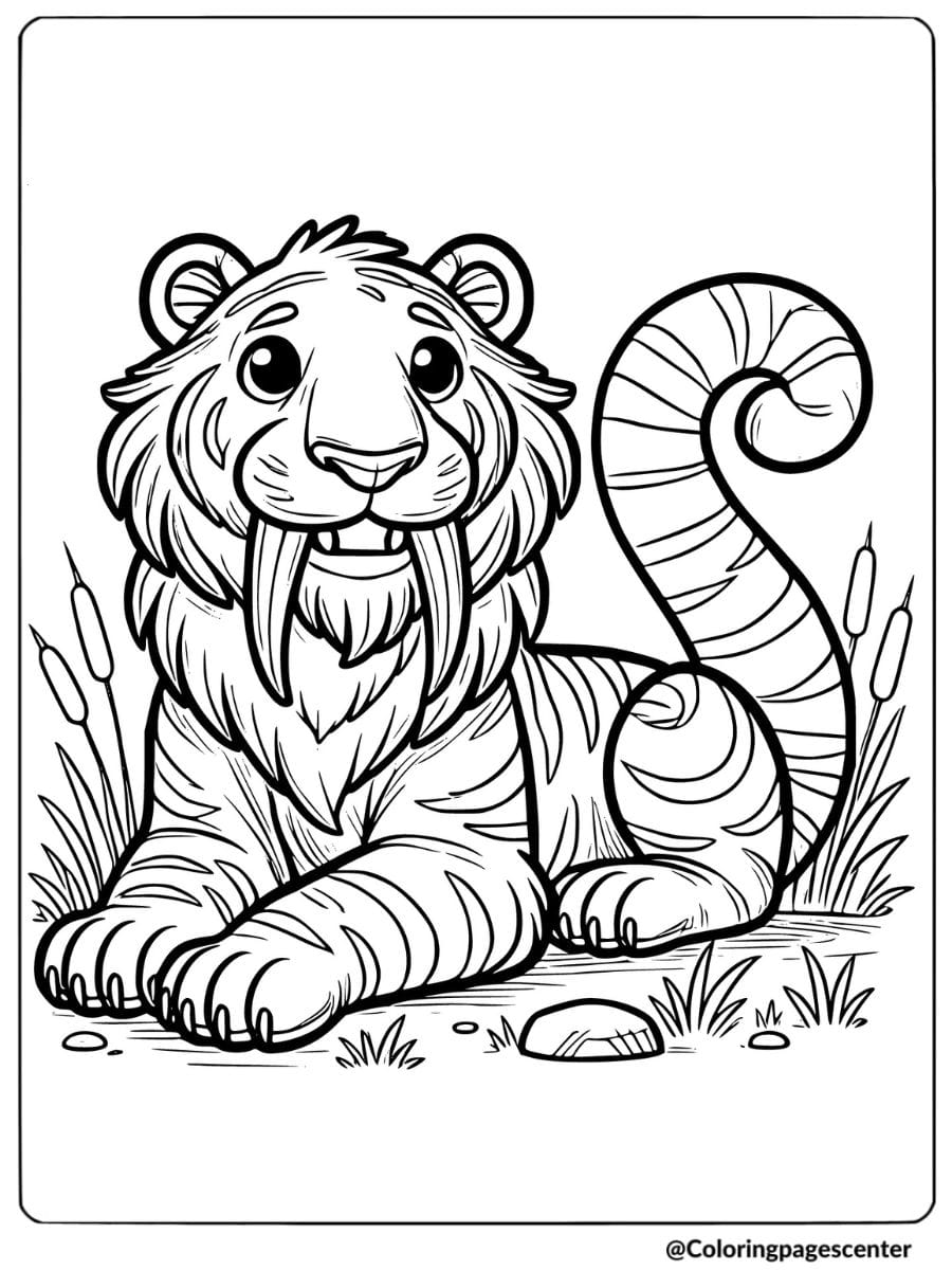 Saber tooth tiger lying down in a grassy area coloring page