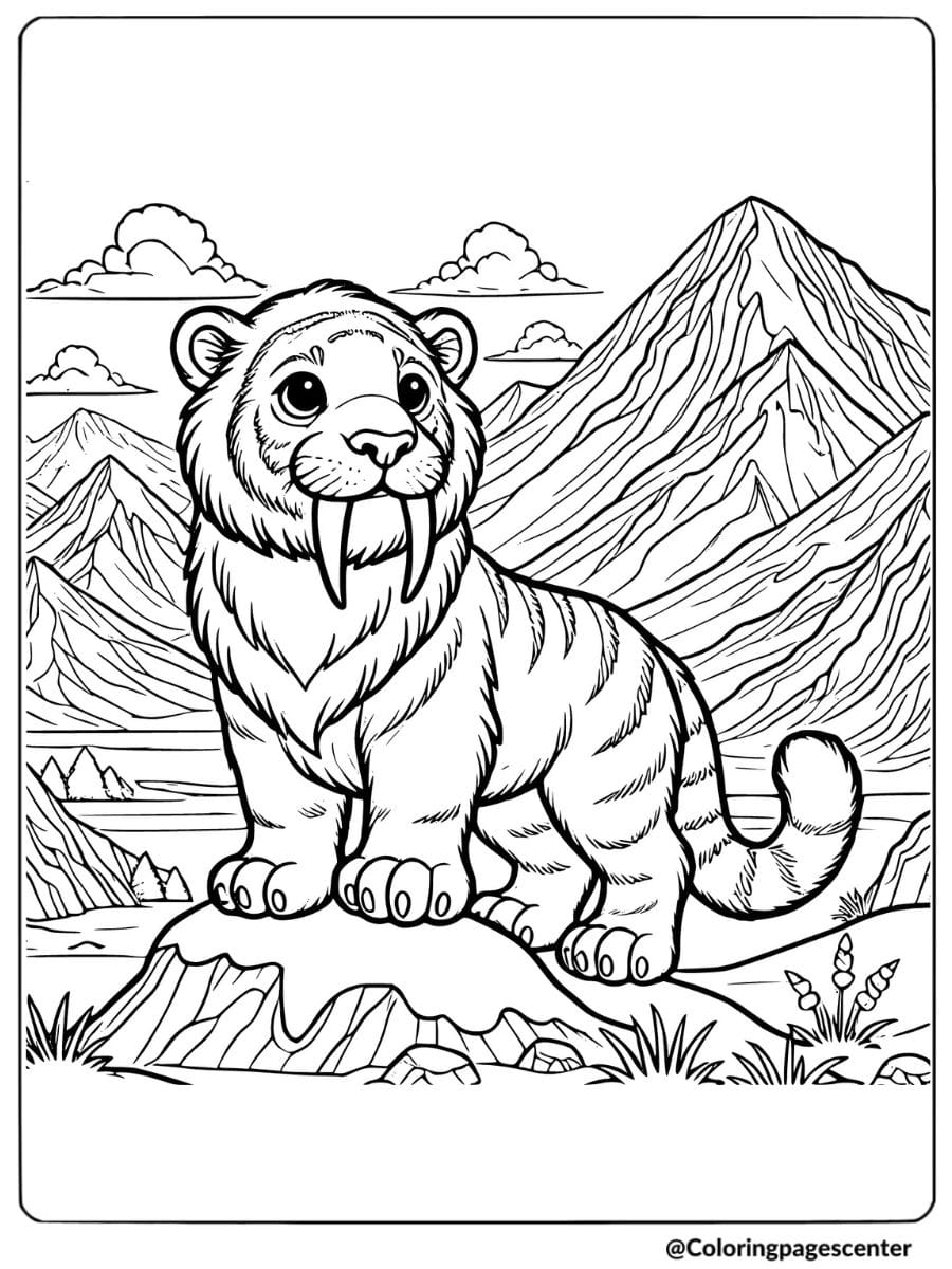 Saber tooth tiger in a mountain landscape coloring page