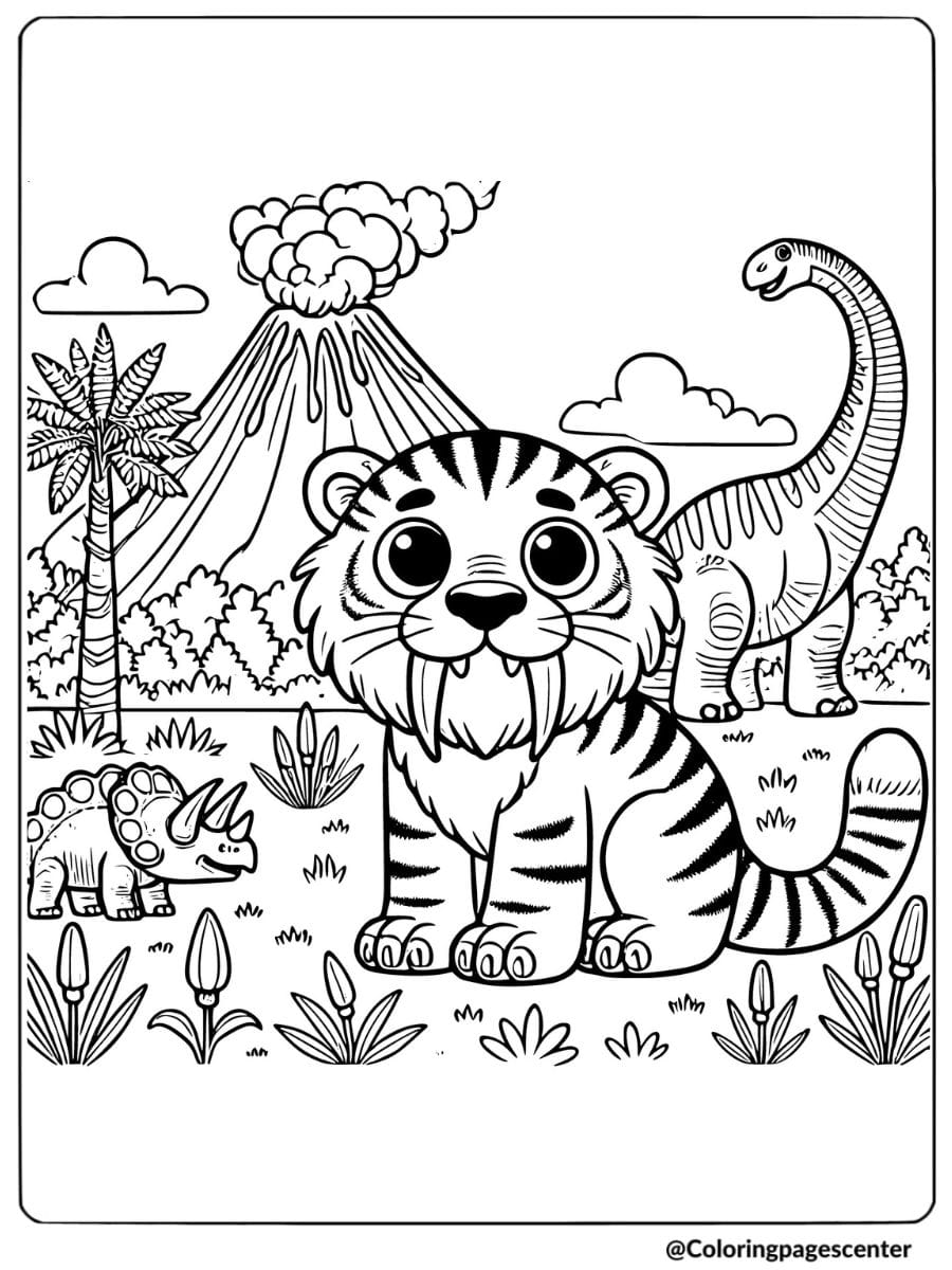 Saber tooth tiger in a prehistoric landscape coloring page