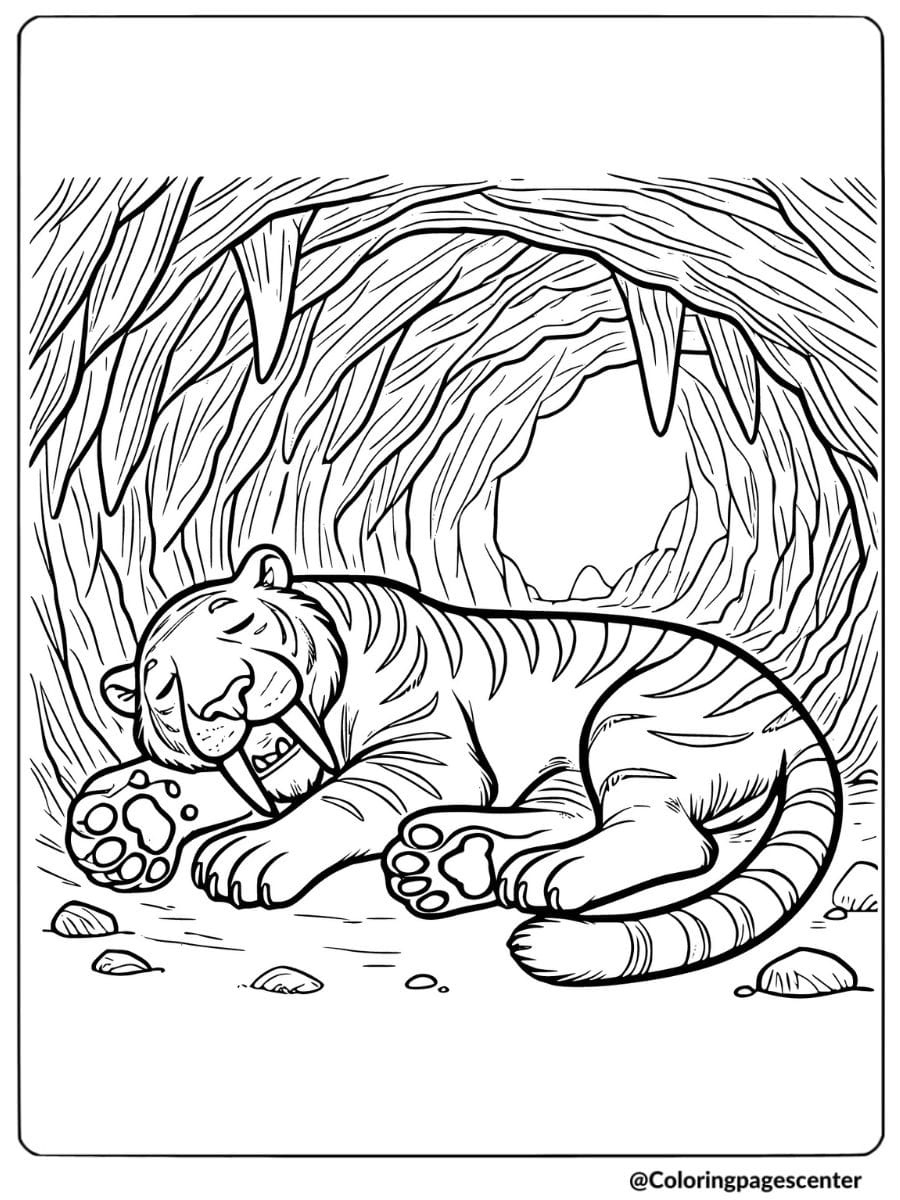 Peaceful saber tooth tiger sleeping inside a cave coloring page