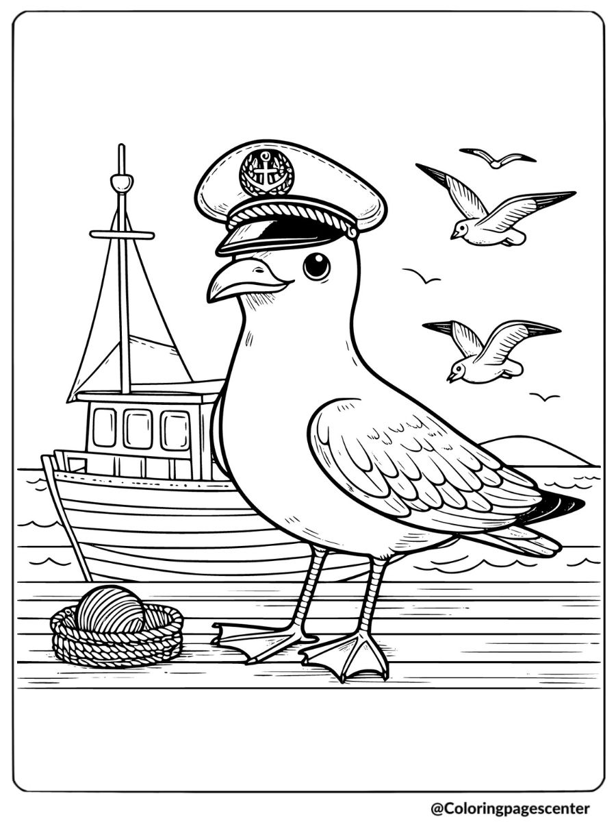 Seagull with captain hat near dock coloring page