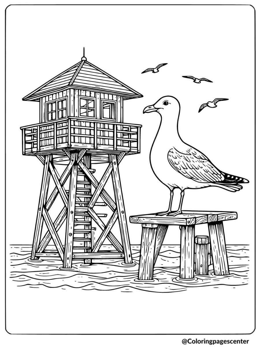 Seagull near beach watchtower coloring page