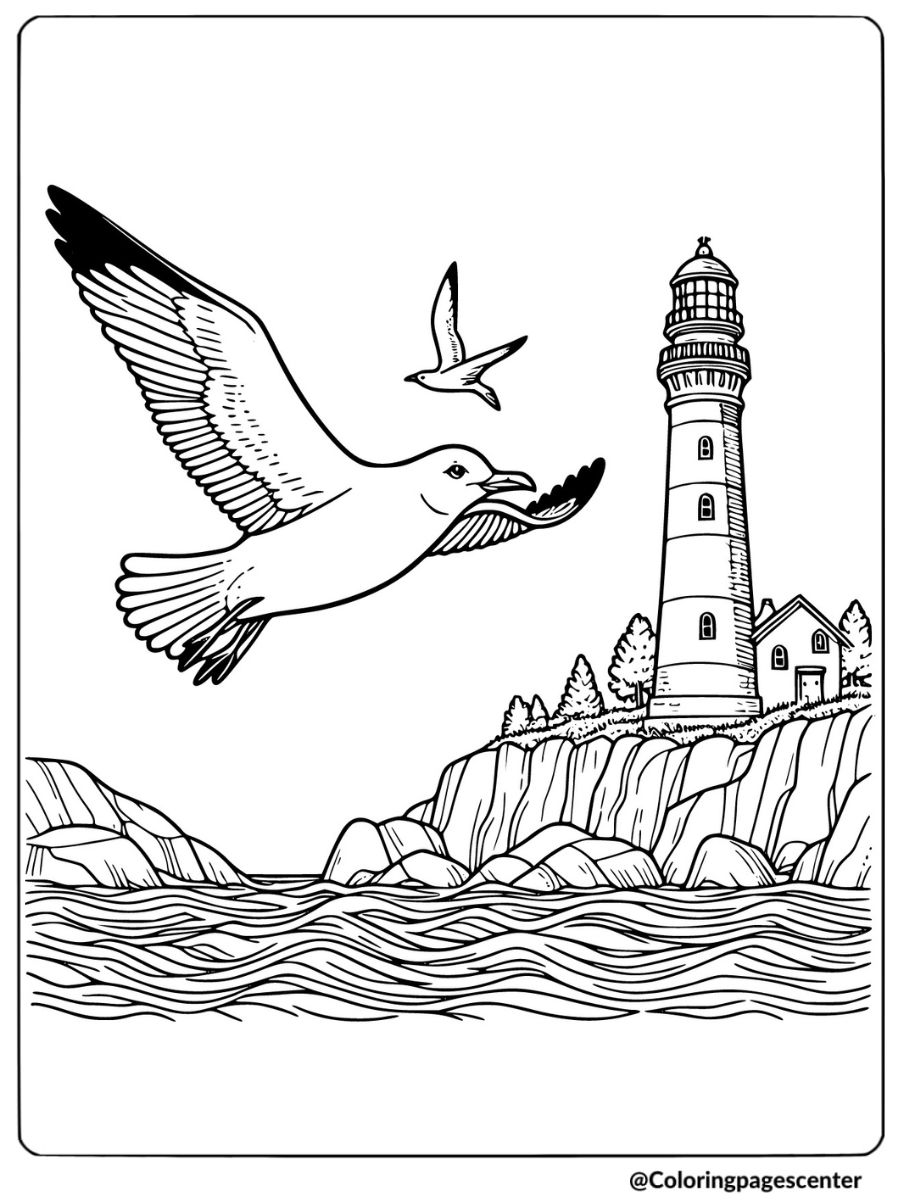 Seagull gliding by lighthouse on cliff coloring page