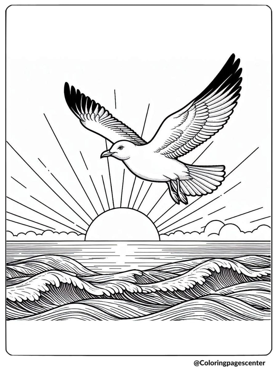 Seagull soaring above waves at sunrise coloring page