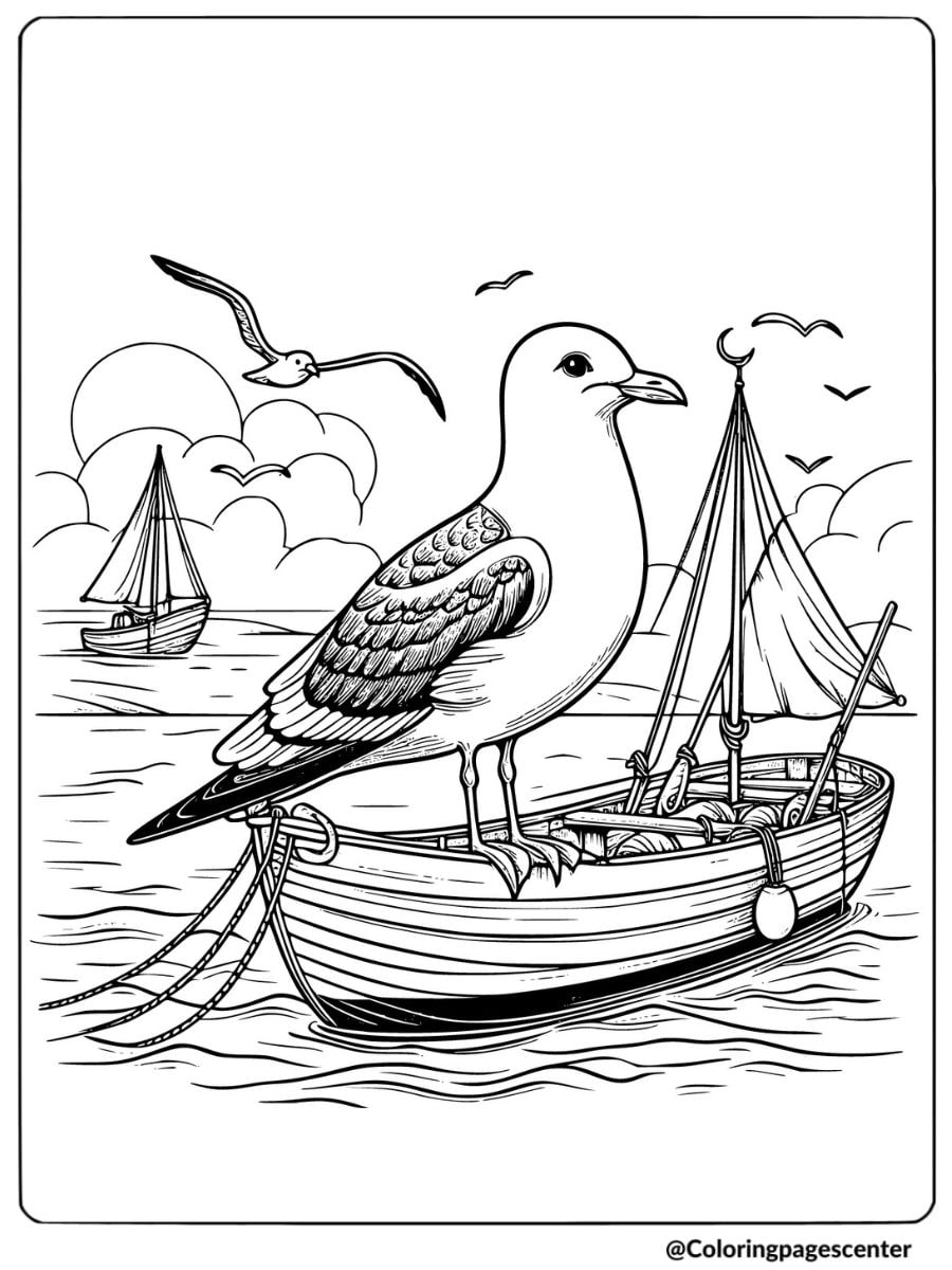 Seagull perched on a boat in the ocean coloring page