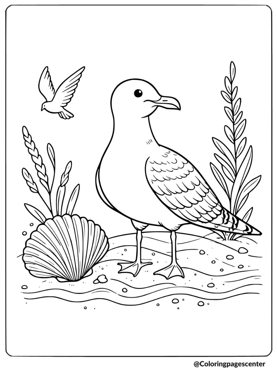 Seagull by shells and plants on beach coloring page