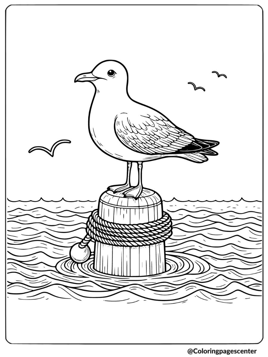 Seagull resting on buoy in the sea coloring page