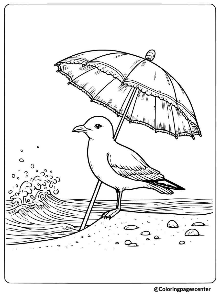 Seagull standing by umbrella at beach coloring page