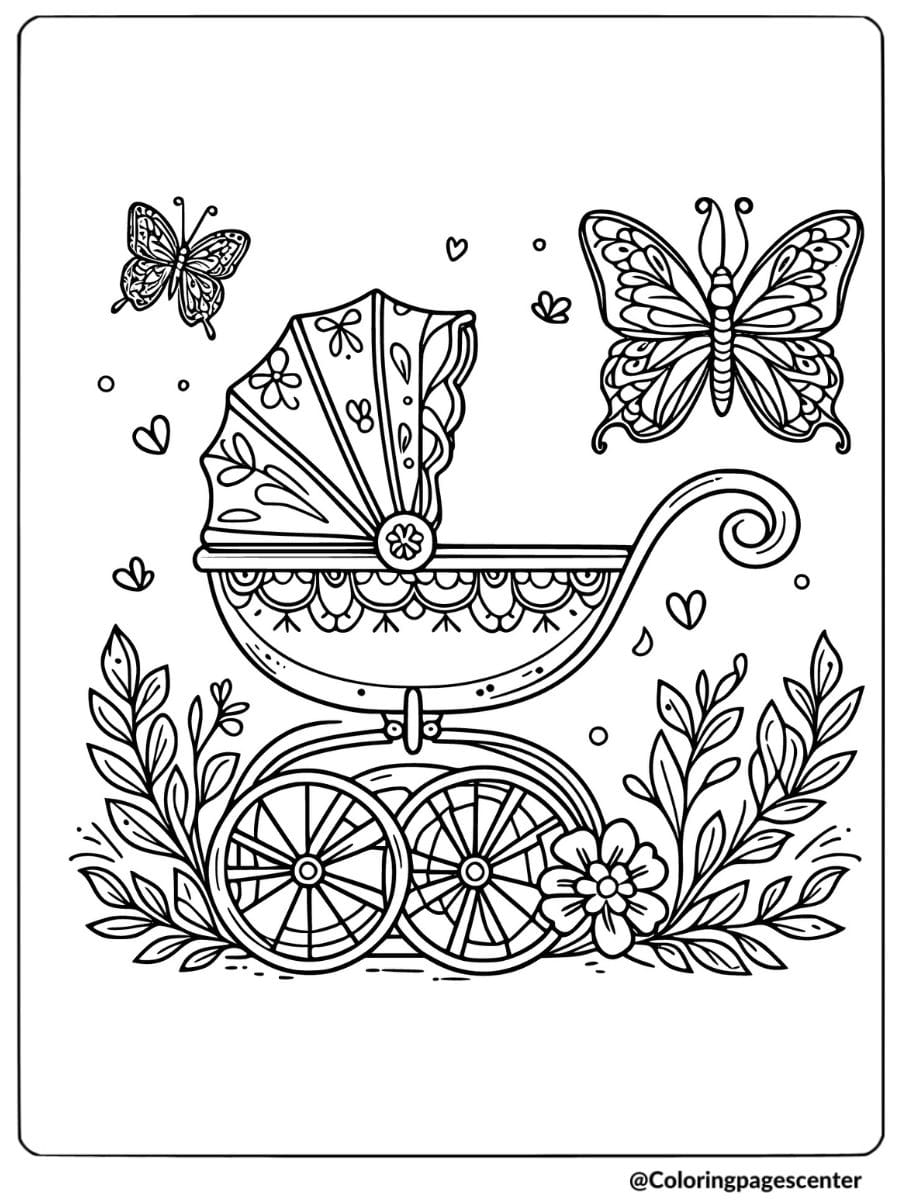 Simple butterflies with a baby stroller coloring page