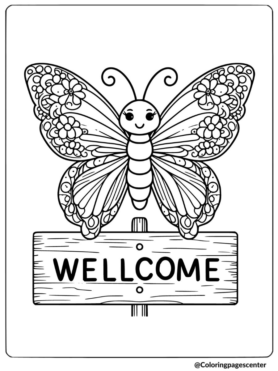 Simple butterfly with a welcome sign coloring page