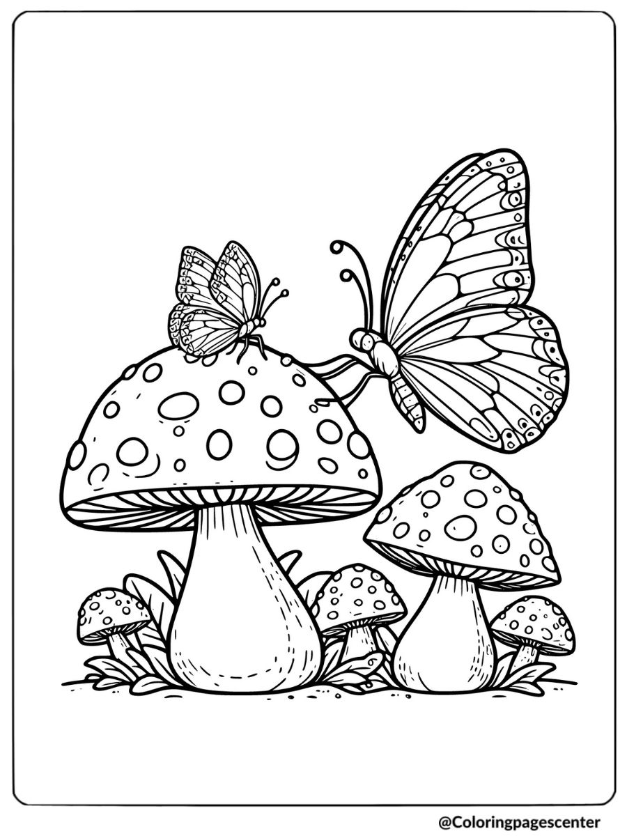 Easy with butterflies resting on mushrooms coloring page