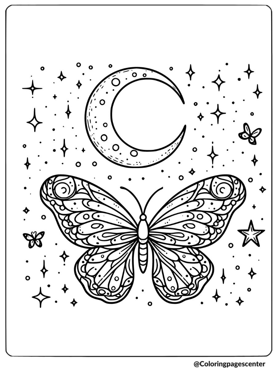 Easy butterfly with crescent moon and stars coloring page