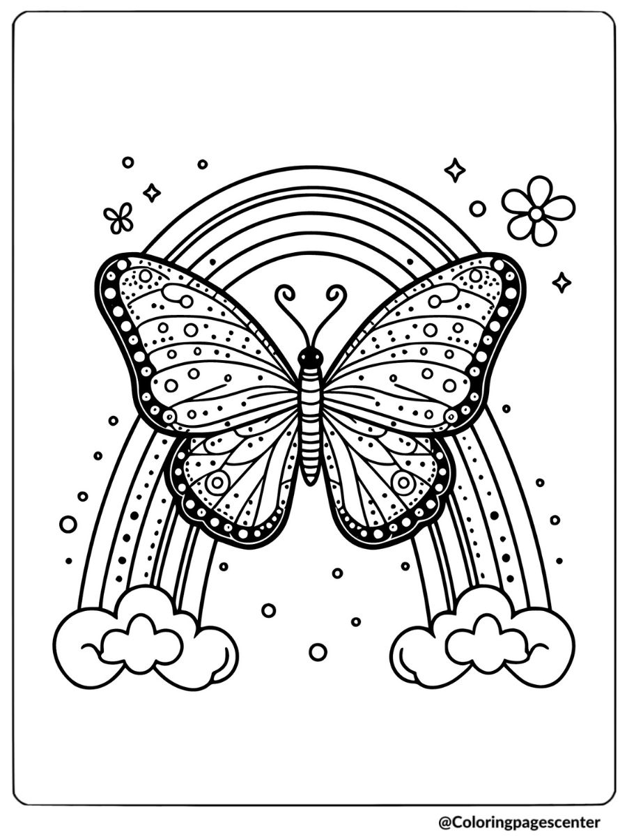 Easy butterfly with a rainbow and clouds coloring page