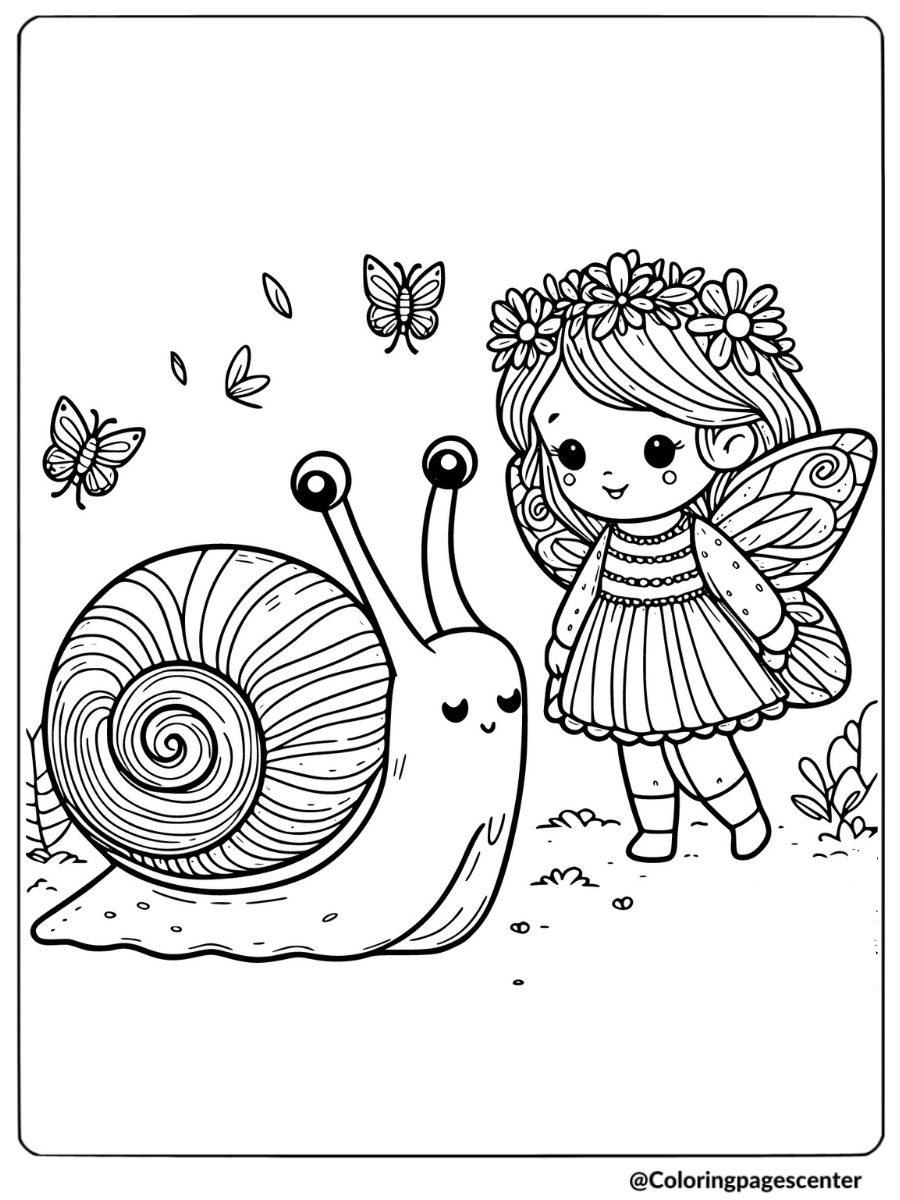 Flower fairy with smiling snail coloring page