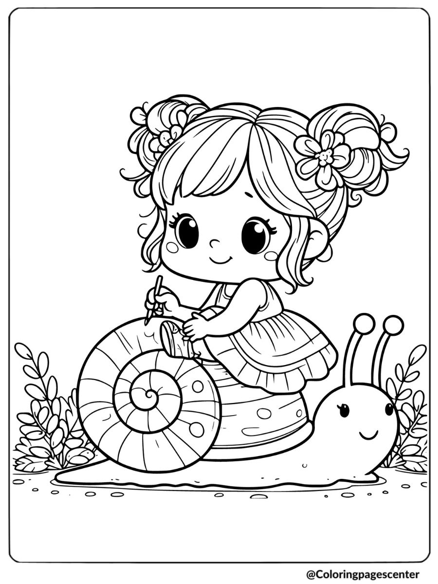 Little girl riding on a snail coloring page