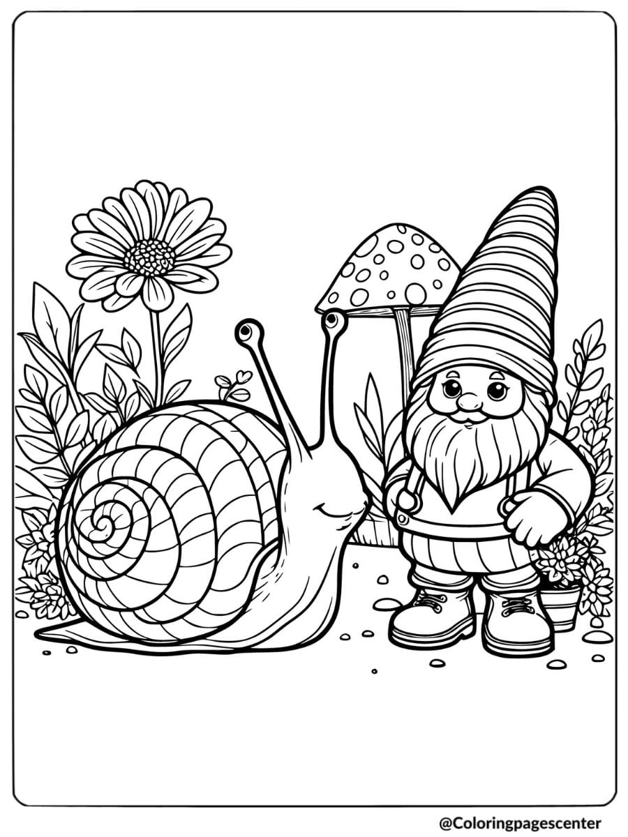 Garden gnome with a large snail coloring page