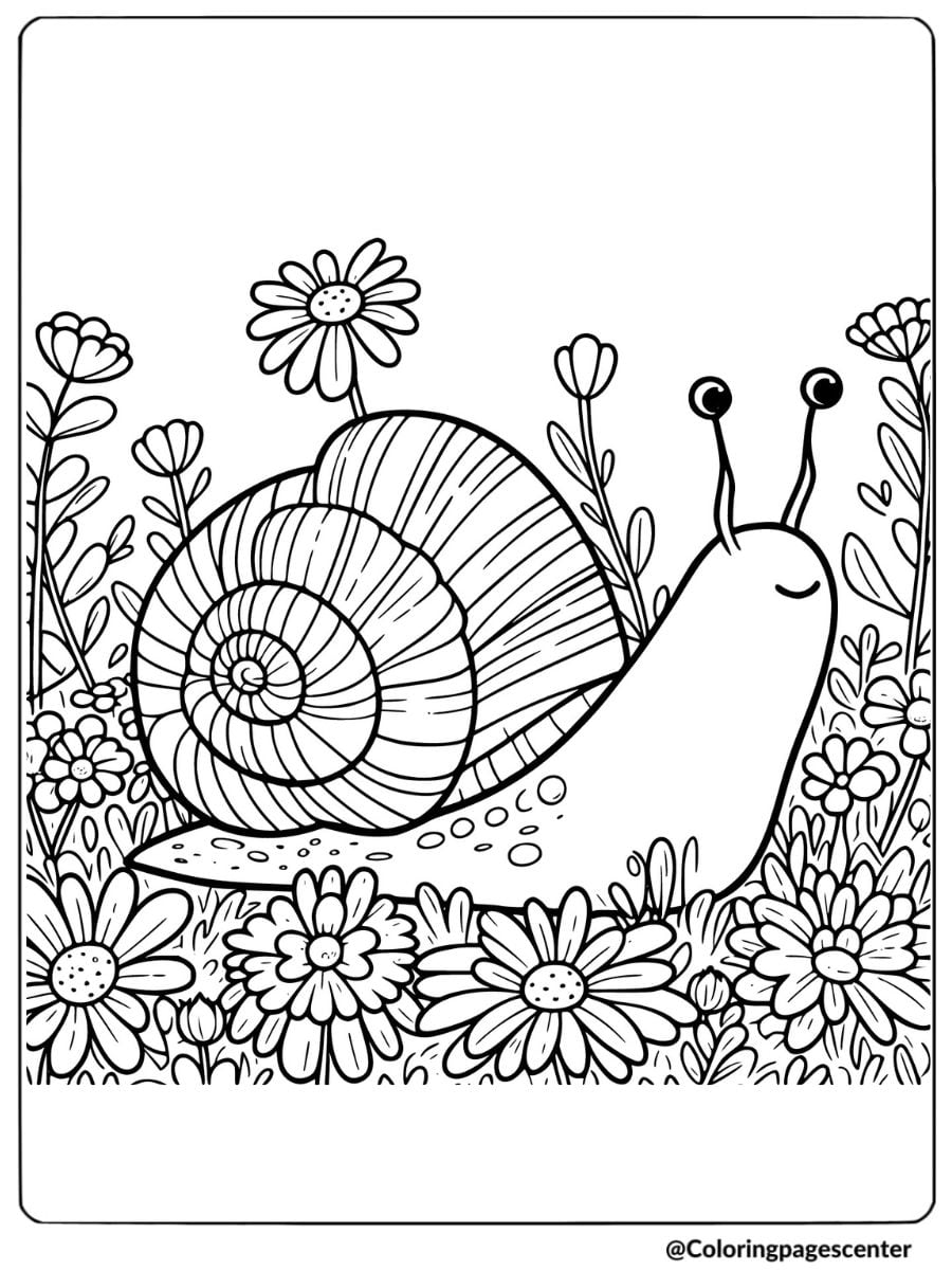 Peaceful snail surrounded by flowers coloring page