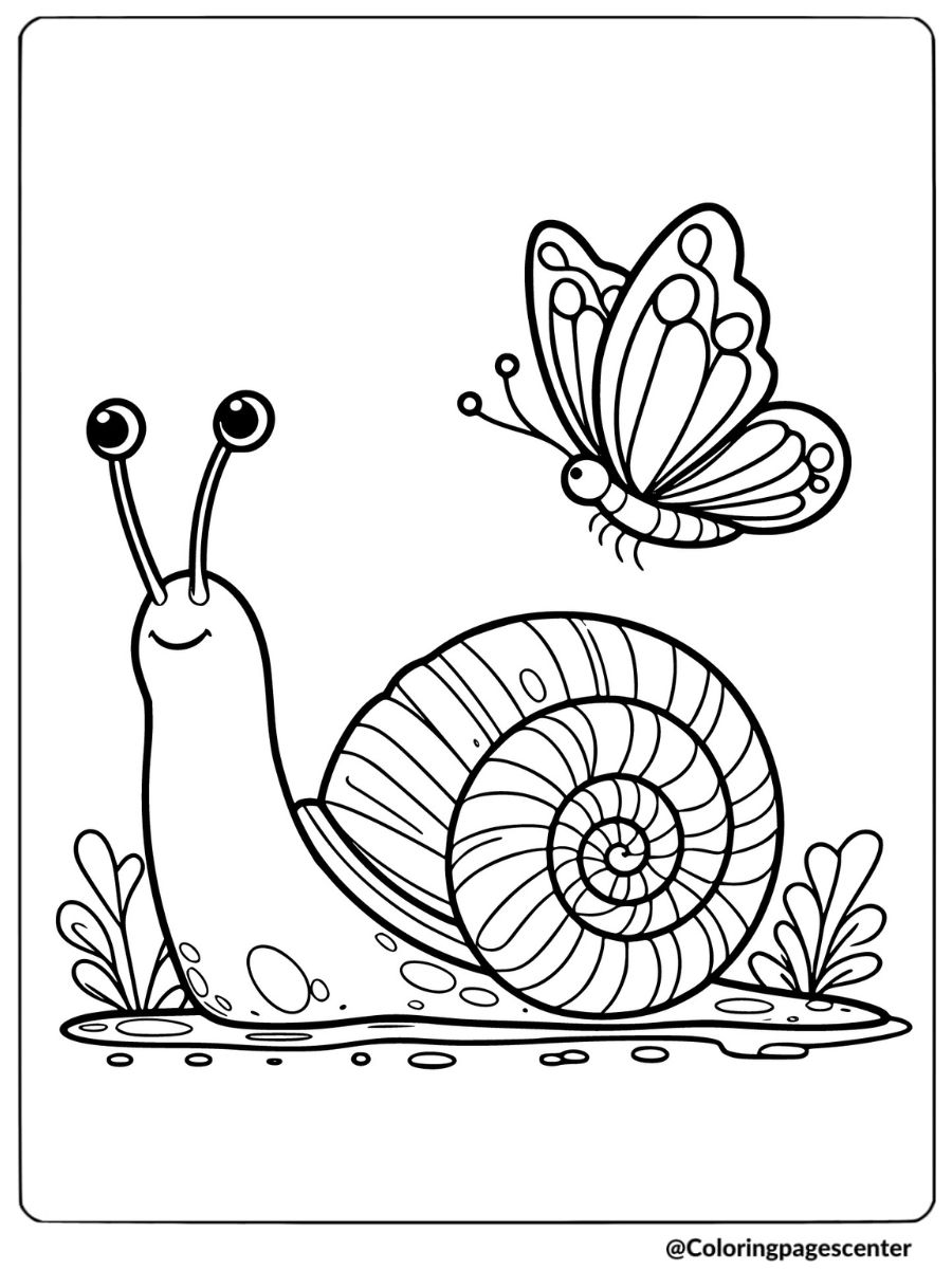 Happy snail with butterfly friend coloring page