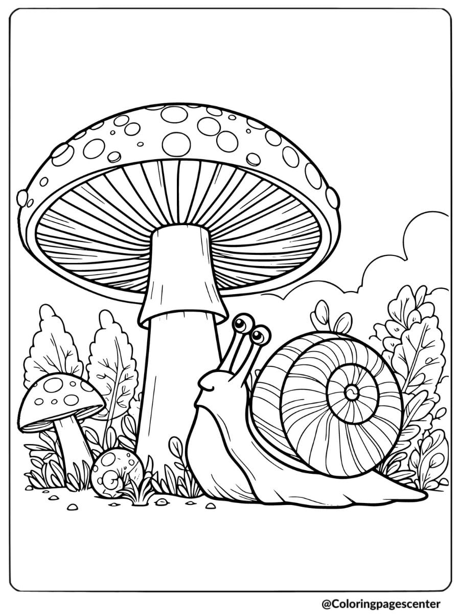 Big snail near tall mushrooms coloring page