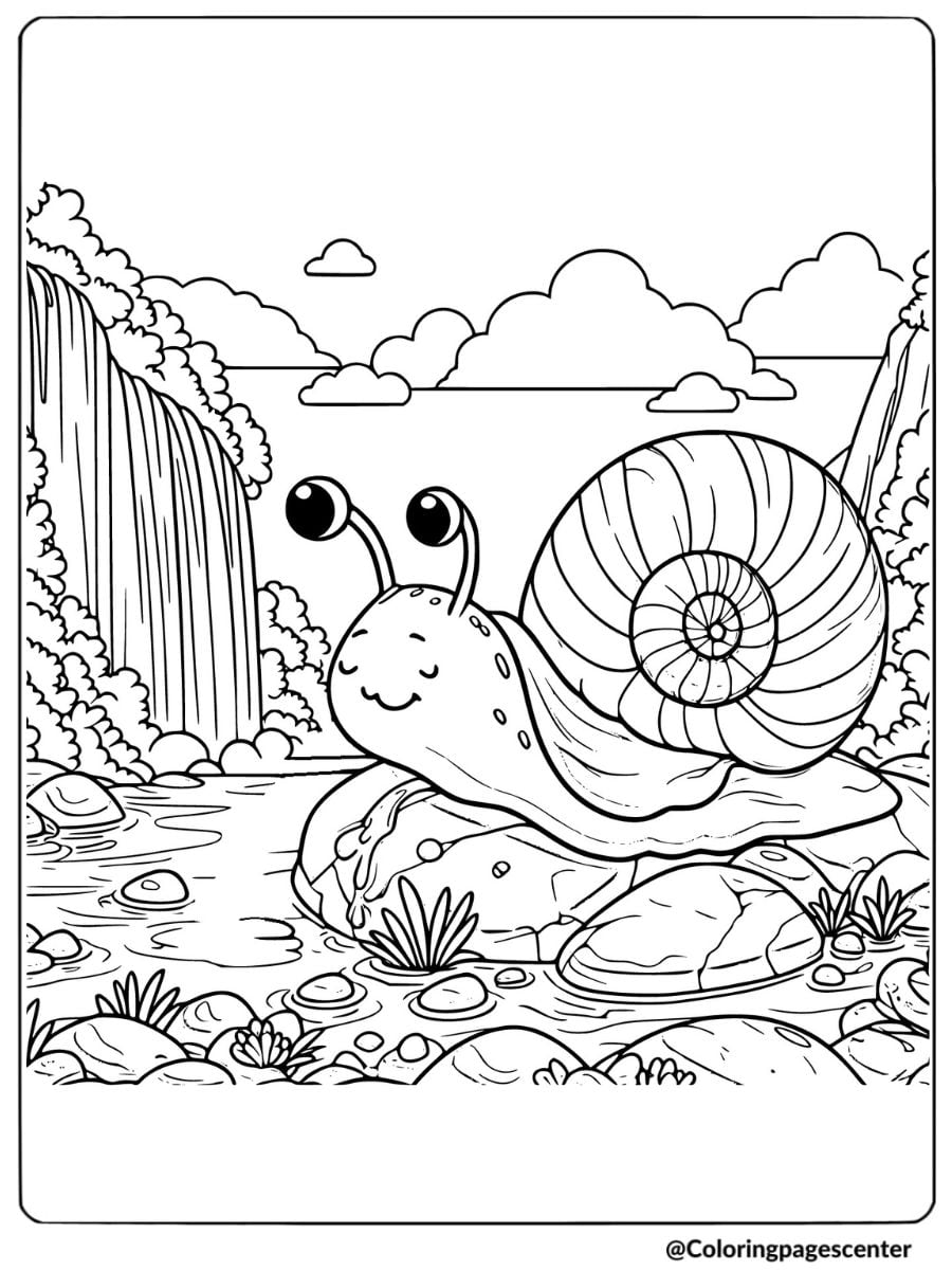 Happy snail near a waterfall coloring page