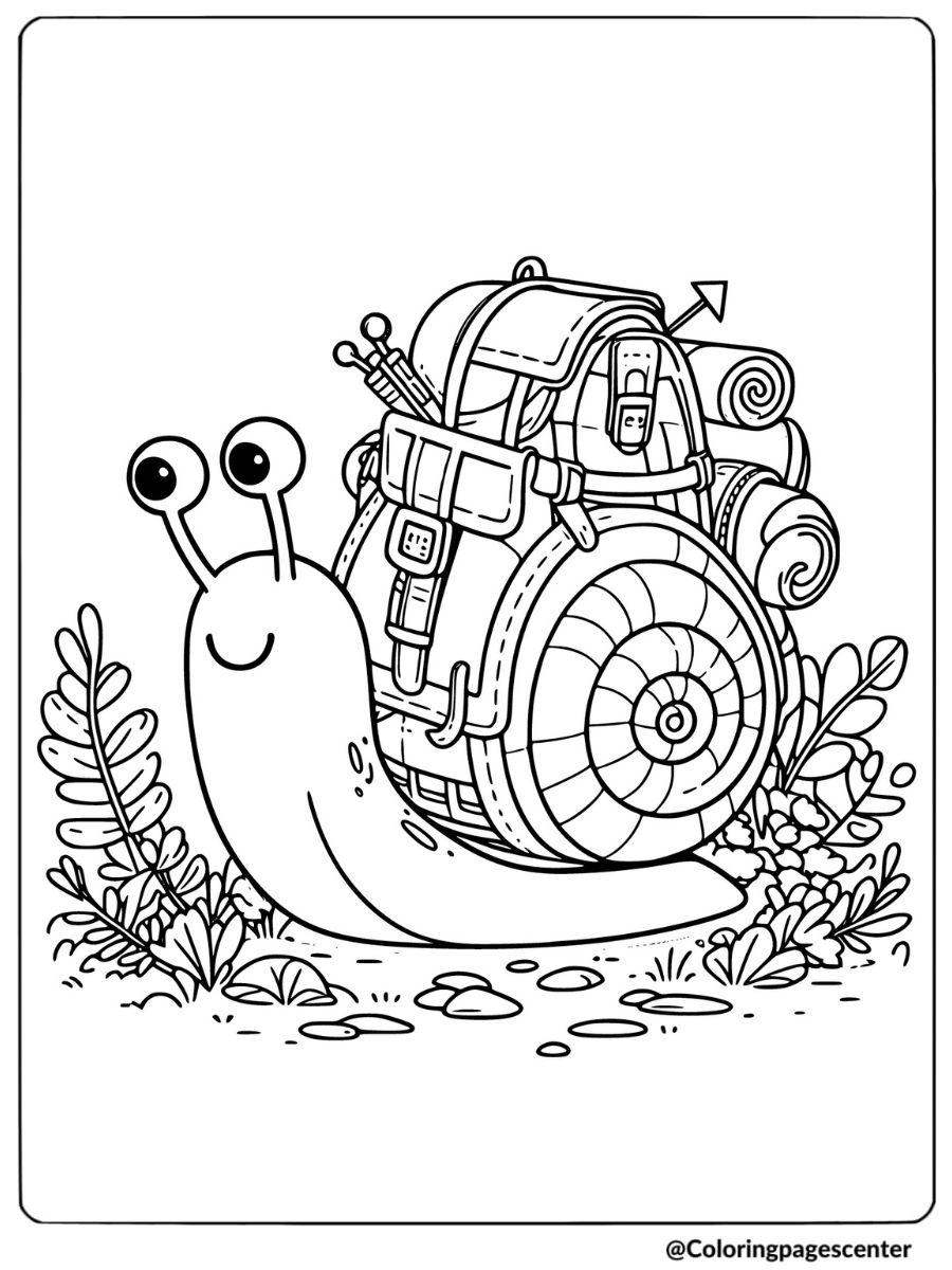 Snail carrying a backpack coloring page