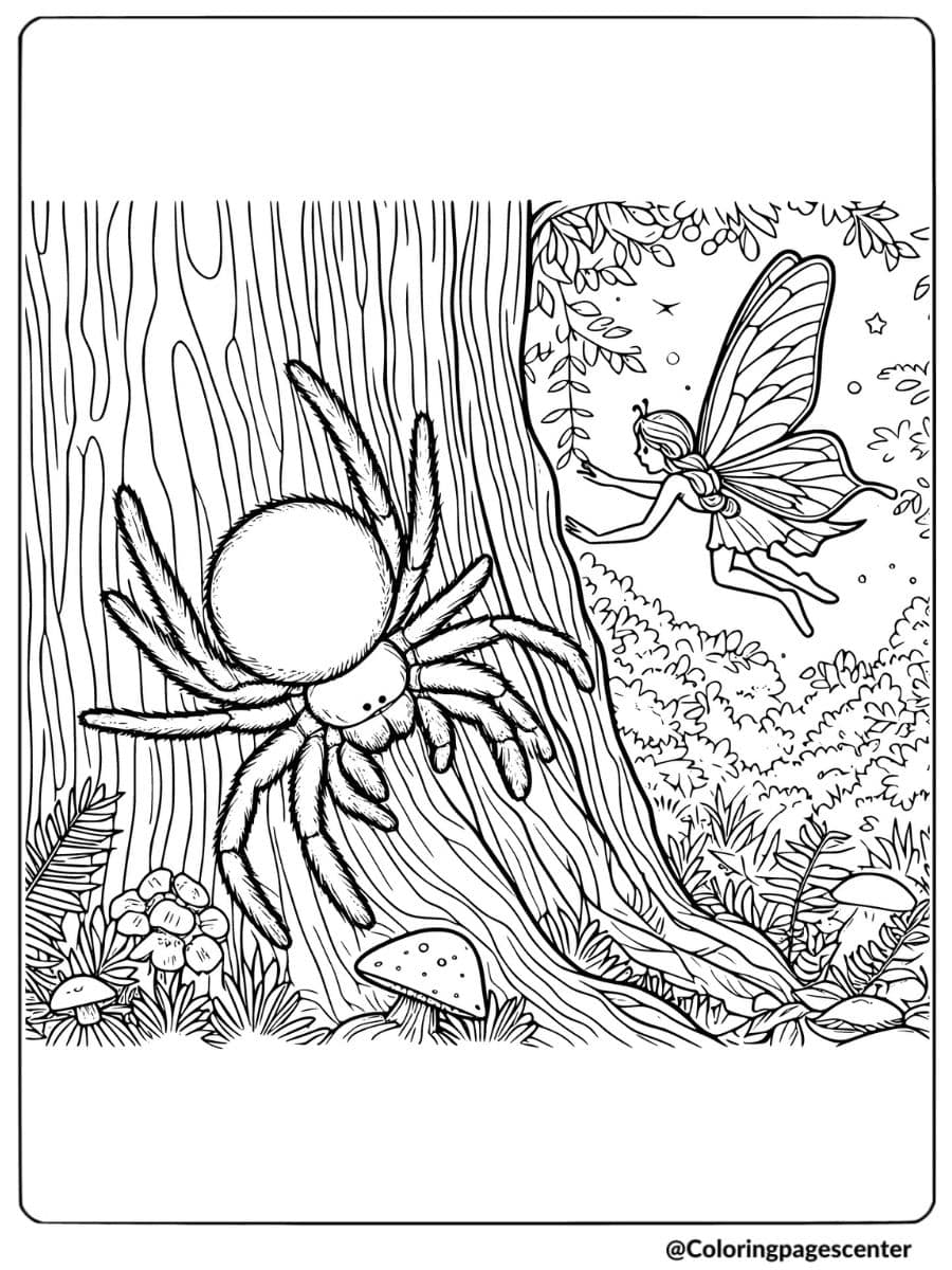 A spider and a fairy near a tree coloring page