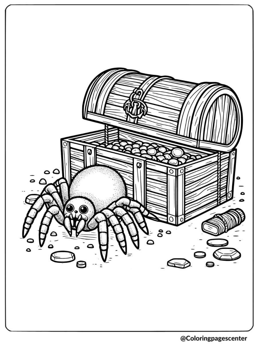 A spider next to a treasure chest coloring page