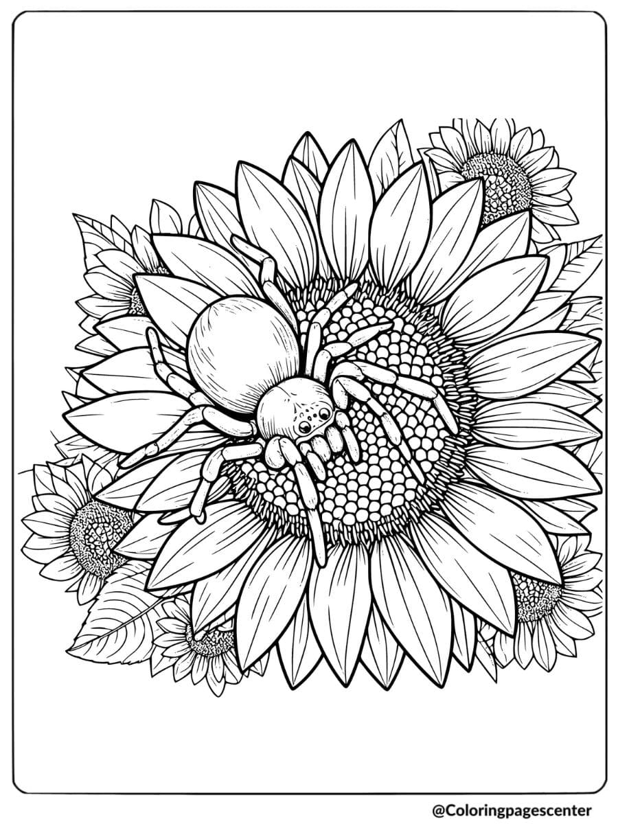 A spider crawling on a sunflower coloring page