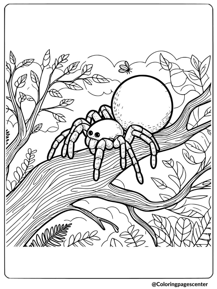 A spider sitting on a tree branch coloring page