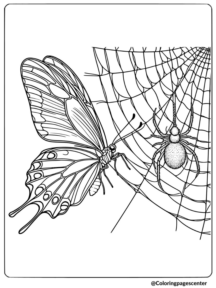 A butterfly caught in a spider’s web coloring page