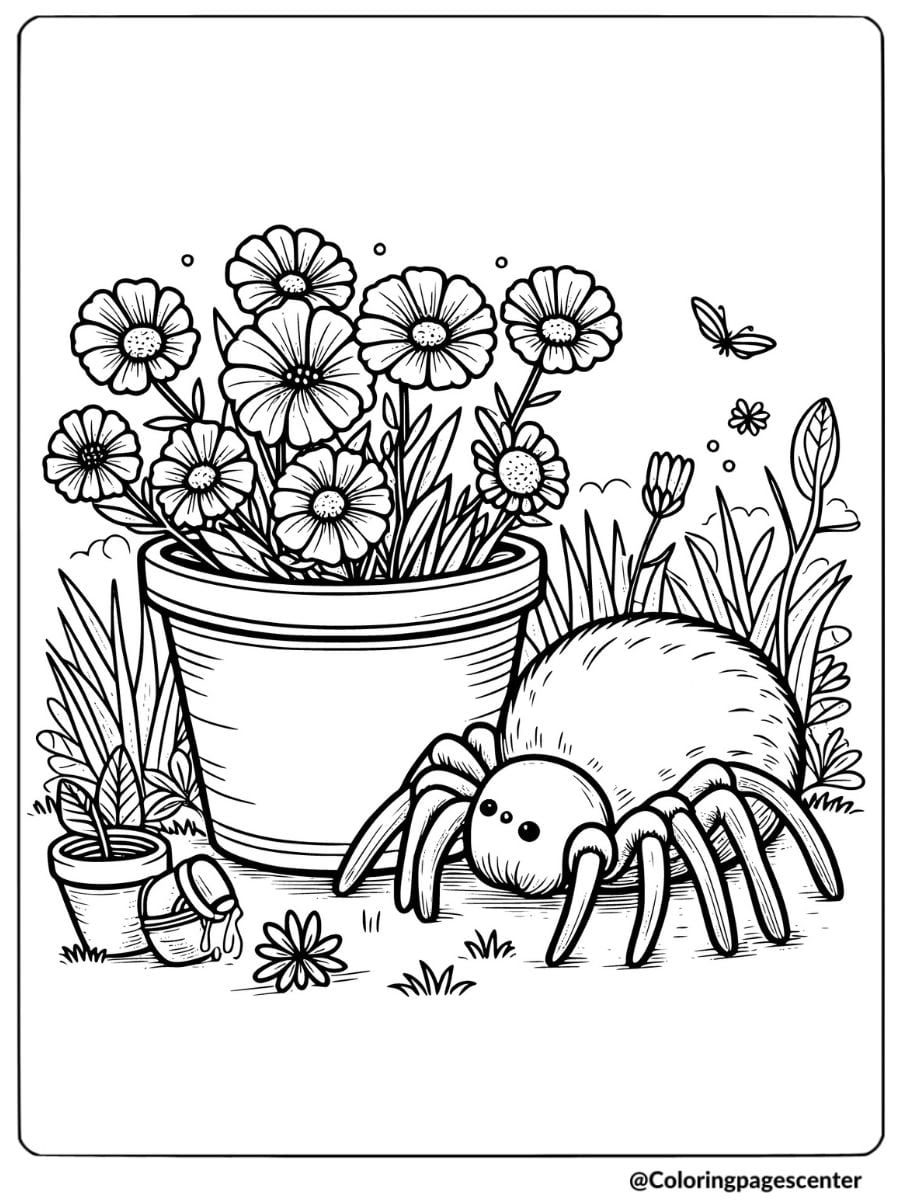 A cute spider next to a pot of flowers coloring page