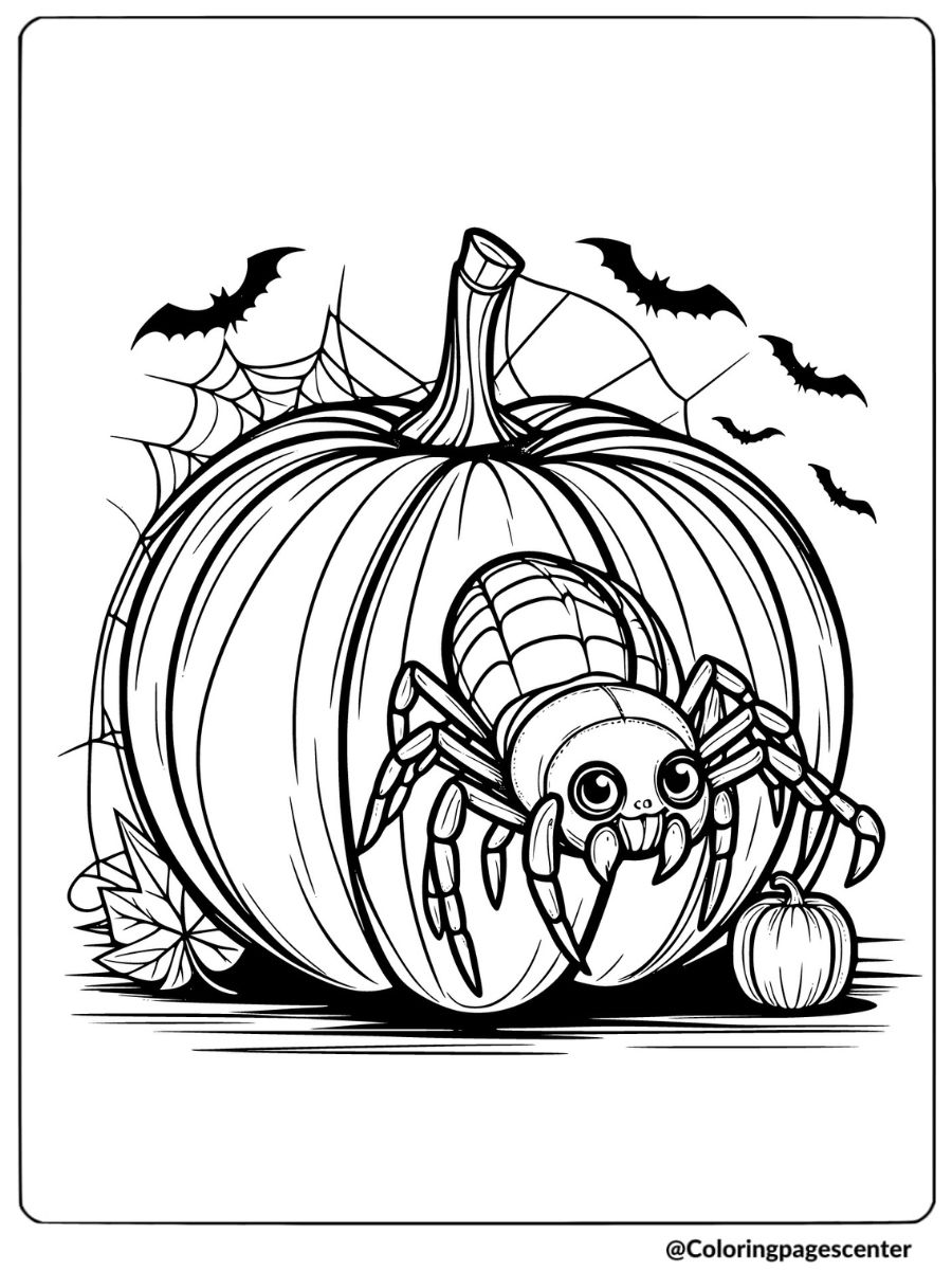 A spider in a pumpkin with bats flying coloring page