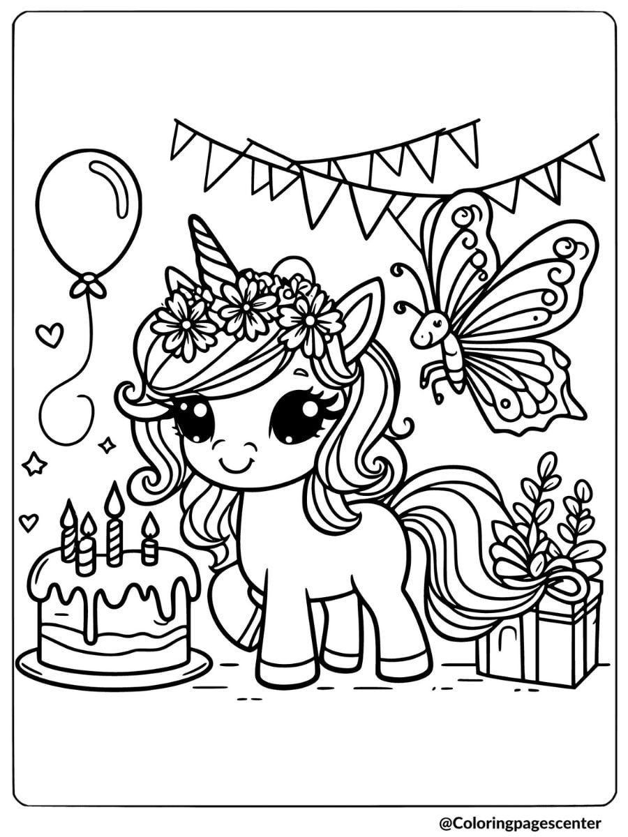 Unicorn with birthday cake and butterfly coloring page