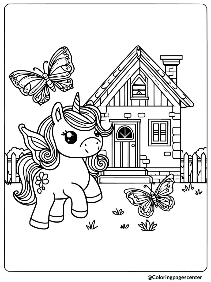 Adorable unicorn with butterflies and a house coloring page