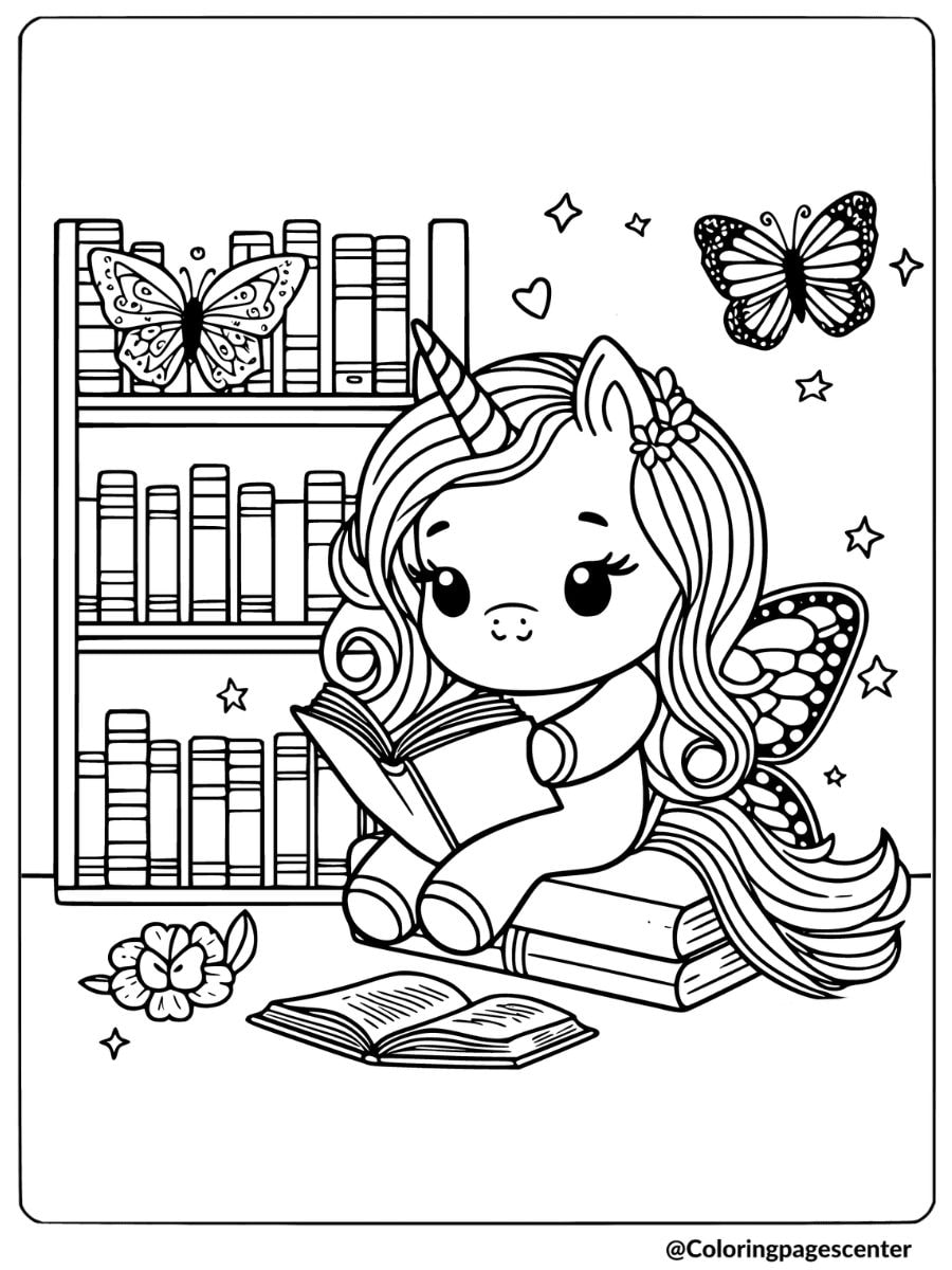 Unicorn reading a book surrounded by butterflies coloring page