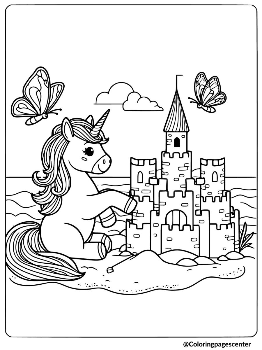 Unicorn making a sandcastle with butterflies coloring page