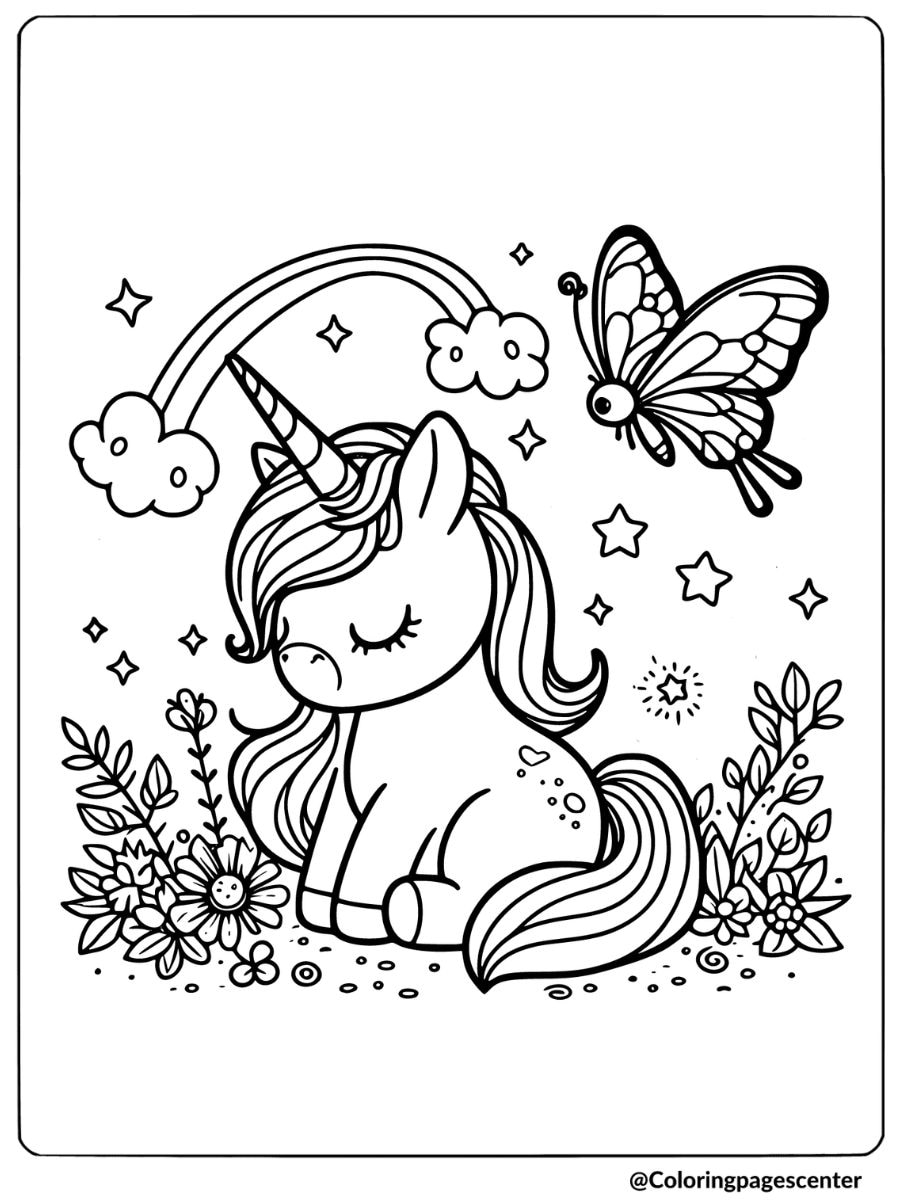 Peaceful unicorn with butterfly and rainbow coloring page