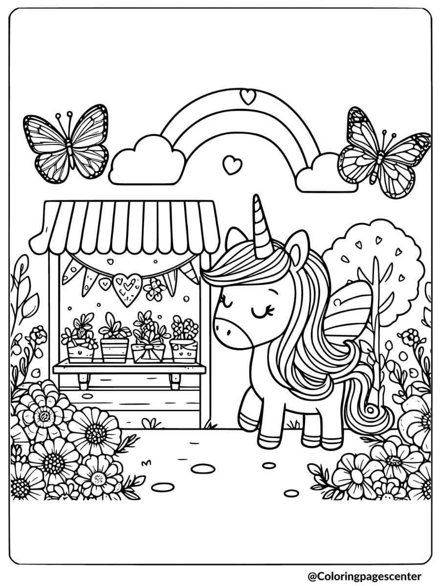 Unicorn with a butterfly near a flower stand coloring page