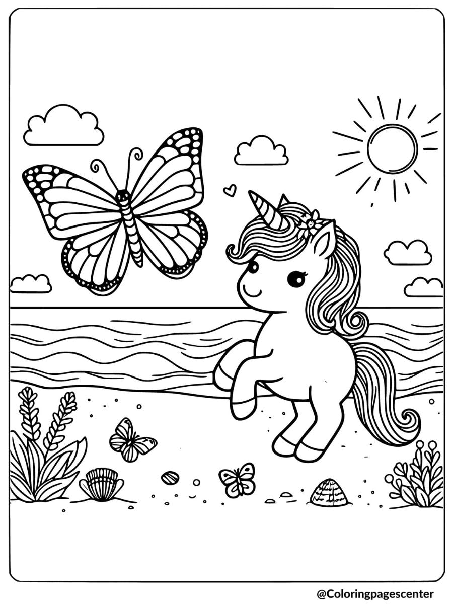 Unicorn with butterflies at the seaside beach coloring page