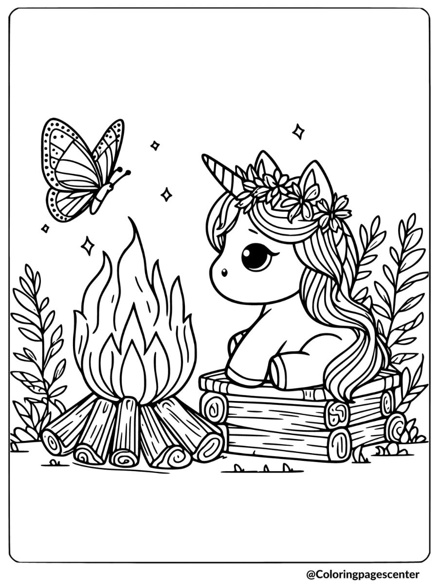 Relaxing unicorn by the fire with butterfly coloring page