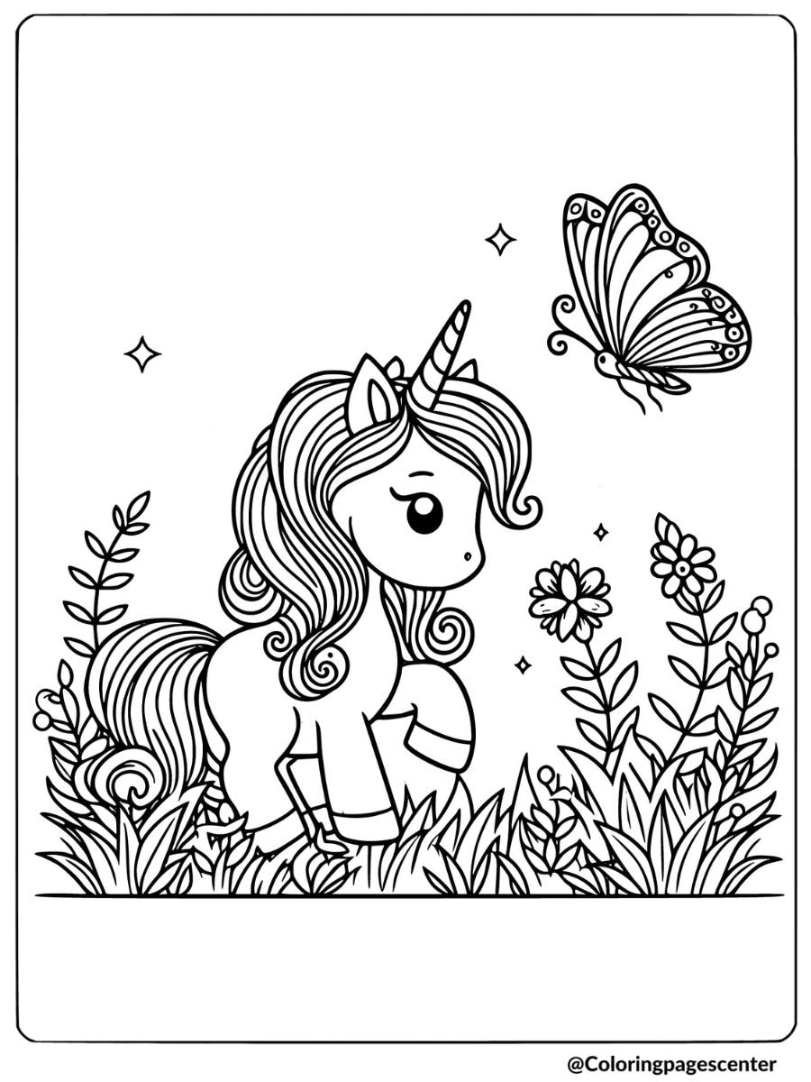 Unicorn in a flower garden with butterflies coloring page