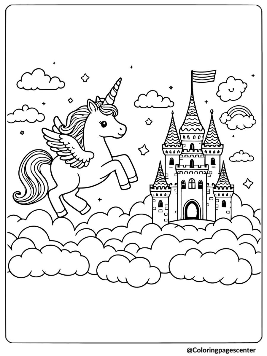 Unicorn with wings flying near a castle coloring page