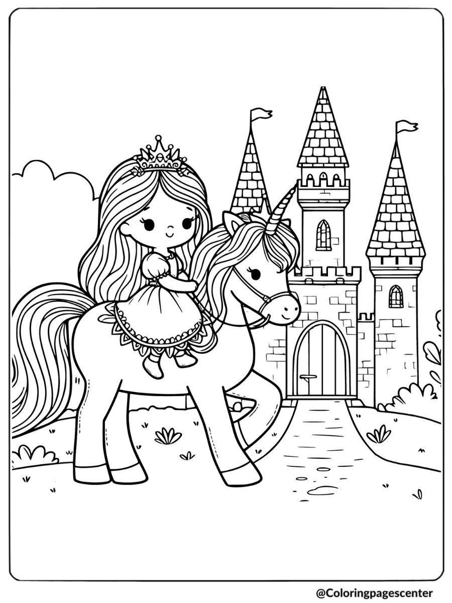 Princess riding a unicorn towards a castle coloring page