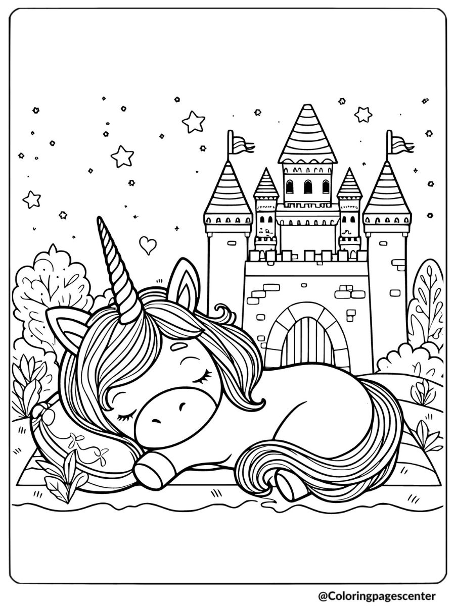 Peaceful unicorn sleeping in front of a castle coloring page