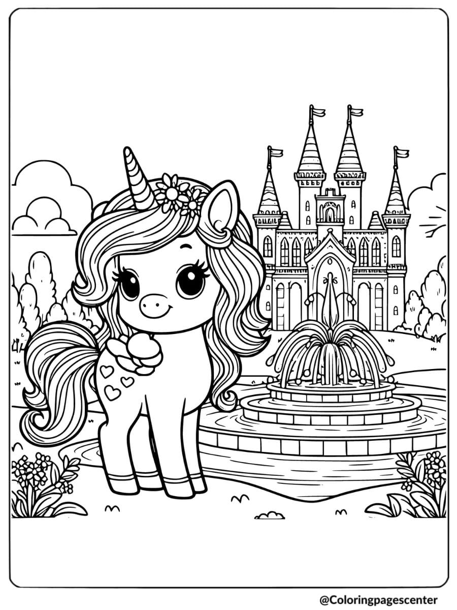 Unicorn standing near a fountain with a castle coloring page