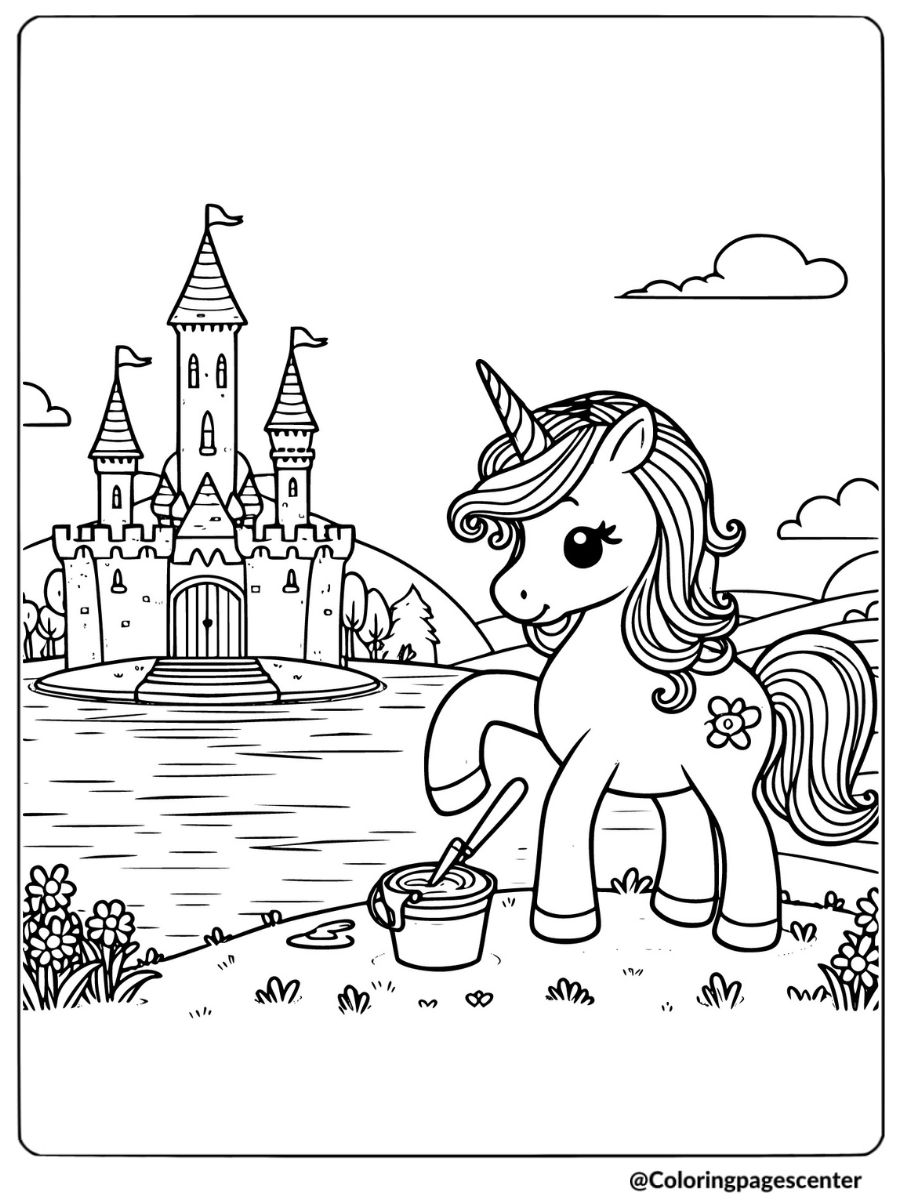 Unicorn playing near the lake with a castle coloring page