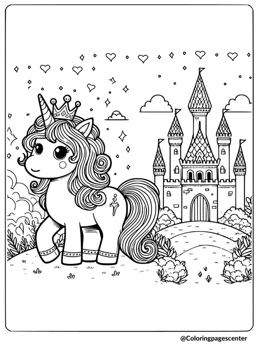 Unicorn with a crown standing in front of a castle coloring page